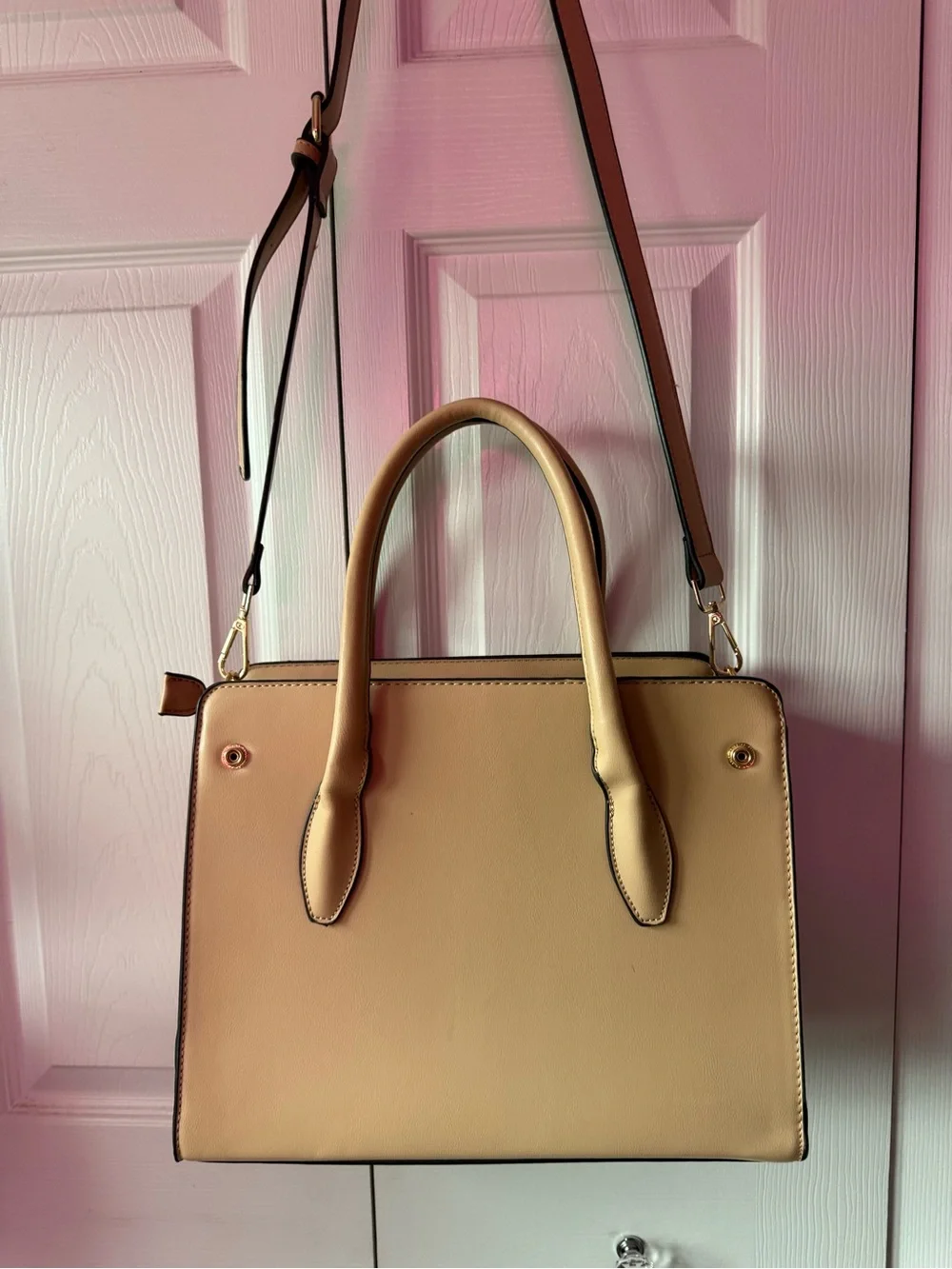Structured Tan Tote Bag with Tassel Accent